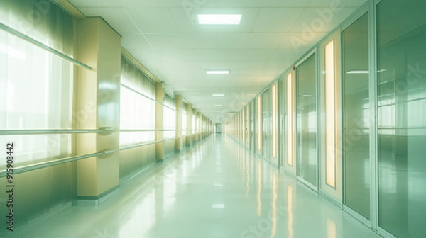 Fototapeta A long, modern corridor with glass walls and bright lighting, creating a spacious atmosphere.