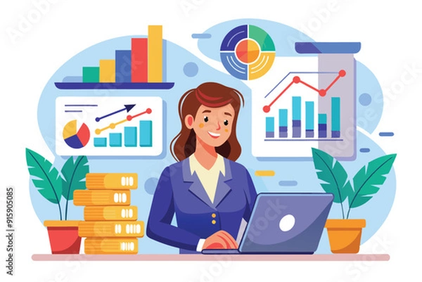 Fototapeta A business woman is working at her desk, reviewing financial data and charts displayed on her laptop while surrounded by plants and organized stacks of documents