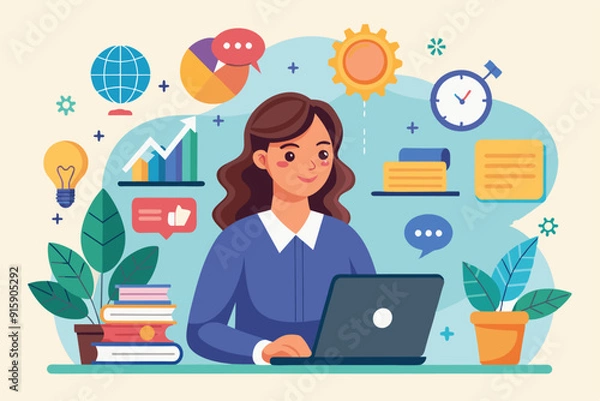 Fototapeta A focused businesswoman studies business strategies online in a vibrant workspace filled with plants and learning materials