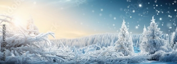 Fototapeta Christmas background. Xmas tree with snow decorated with garland lights, holiday festive background. Widescreen frame backdrop. New year Winter art design, Christmas scene wide screen holiday border