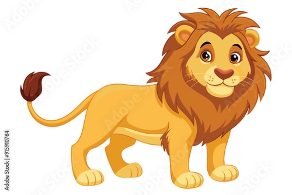 Obraz A cartoon lion stands cheerfully on a white background, showcasing its vibrant mane and playful demeanor, embodying the essence of wild spirit and joy