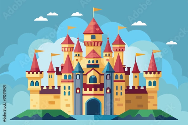 Fototapeta A vibrant, whimsical castle with colorful towers and flags sits amidst fluffy clouds and distant mountains, inviting imagination and creativity