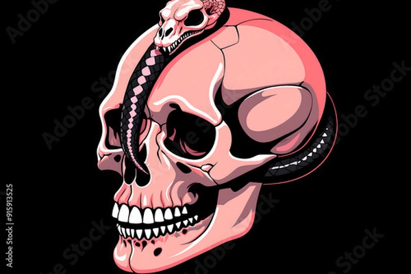 Fototapeta Pink skull with a spine and snake