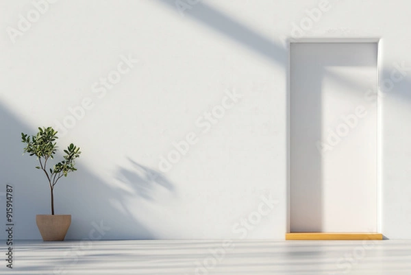 Obraz Minimalist Interior With Potted Plant And Sunlight Shadows