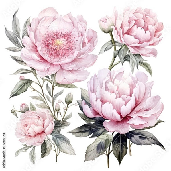 Obraz Delicate pink peonies with green leaves isolated on a white background.