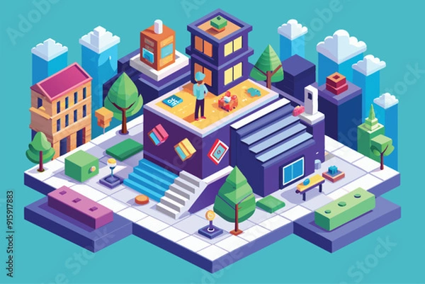 Fototapeta A lively urban neighborhood features people interacting, colorful buildings, trees, and playful design elements under a bright blue sky