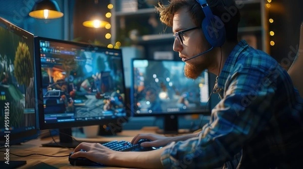 Obraz A young man wearing glasses and headphones is sitting in front of two computer monitors. He is playing a video game with a keyboard and mouse. The room is dimly lit.