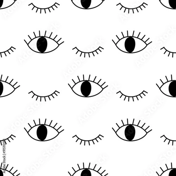 Fototapeta Black and white abstract pattern with open and winking eyes. Cute eye background illustration.