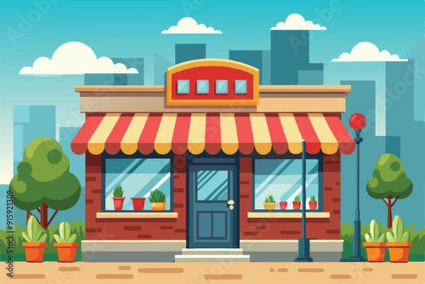 Fototapeta A quaint storefront with a striped awning is surrounded by greenery, showcasing potted plants and a serene urban backdrop under a clear sky