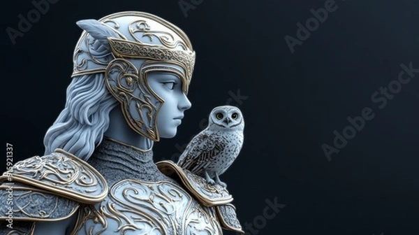 Fototapeta Elegant Athena, Greek Goddess of Wisdom, captured in a side profile wearing ornate armor, with an owl perched on her shoulder, symbolizing wisdom and strategic warfare