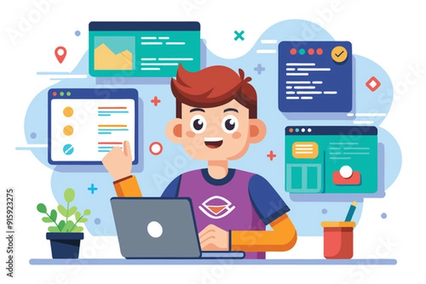 Fototapeta A young developer creates and customizes code snippets on their laptop, surrounded by vibrant user interface designs and a small plant