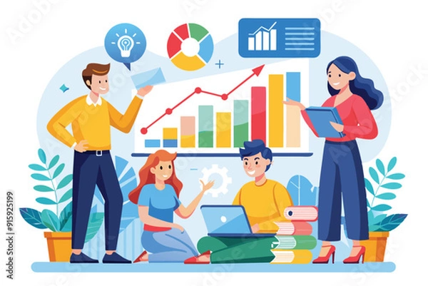 Fototapeta A group of colleagues collaborates on growth charts, discussing insights and strategies in a contemporary office environment