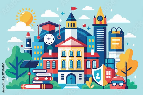 Obraz A vibrant illustration showcases a college campus featuring iconic buildings, books, and elements of academic life surrounded by trees and sunlight