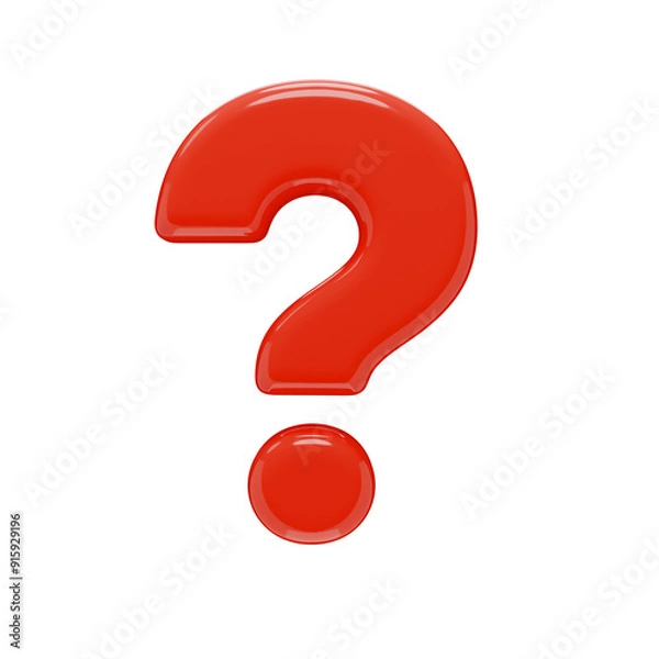 Fototapeta Question mark symbol. Punctuation mark isolated on a transparent background. 3D render of a sign in red plastic with a glossy texture.