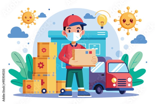 Fototapeta A delivery person wearing a mask holds a package outside a building, showcasing a customizable cart amidst a backdrop of sunny weather and preventive measures
