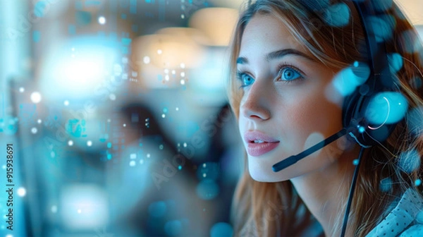 Fototapeta Close-up of a woman wearing a headset, with digital light effects surrounding her in a futuristic setting, symbolizing technology and communication.