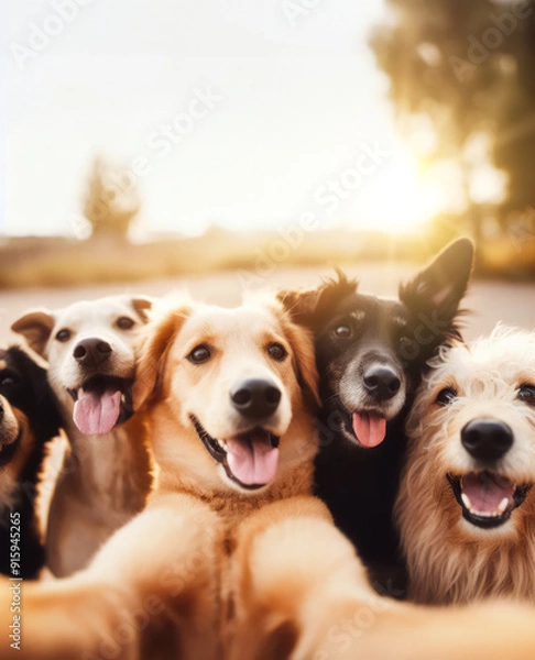 Obraz group of dogs taking a selfie in the park at sunset, friendship