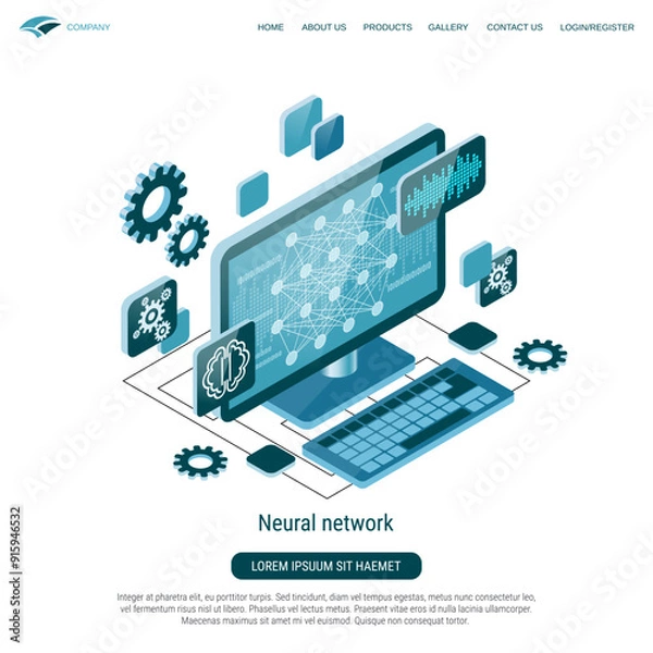 Fototapeta Neural network, deep learning, digital mind, artificial intelligence flat 3d isometric vector concept illustration