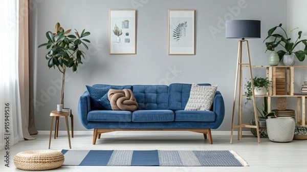 Fototapeta Large wooden lounge featuring a blue vintage sofa and retro lamp in Scandinavian style