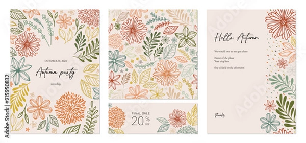 Fototapeta Trendy abstract Thanksgiving poster, seamless pattern, invitation, cover. Set of abstract universal creative Autumn vector templates. Children and floral design in doodle style.