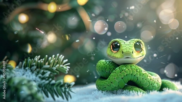 Fototapeta Green little snake is sitting by the Christmas tree, in the style of iconic pop culture caricatures, cute and dreamy