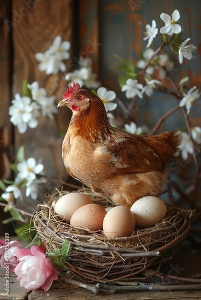 Fototapeta Hen with eggs in nest, spring blossoms, rustic wooden background, natural light