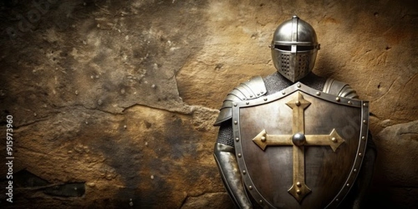 Fototapeta Powerful image featuring Armor of God with a metallic shield and cross design against a rugged background, Armor of God