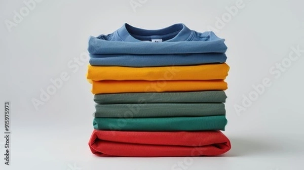 Obraz Clothing is organized in a neat stack featuring various bright colors against a simple backdrop