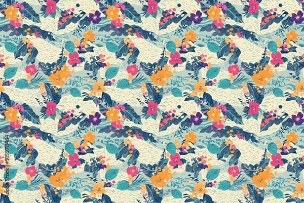 Fototapeta Exotic tropical pattern featuring waves, lush florals, and leaves on a soft background