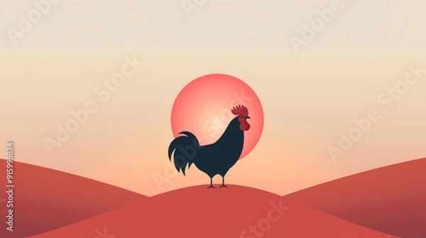 Fototapeta 2D illustration of a rooster crowing at sunrise with basic shapes on a neutral colored background in a simplicity of drawing in a minimalist vector style