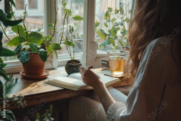 Fototapeta Contemplative person journaling by a window, tea and plants enhancing tranquility