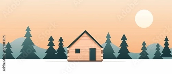 Obraz 2D illustration of a wooden cabin in a forest with basic shapes on a neutral colored background in a simplicity of drawing in a minimalist vector style