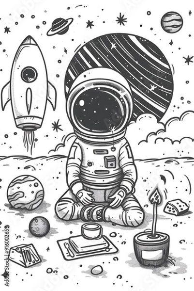Fototapeta An Astronaut's Tranquil Moment: A Black and White Illustration of Space Exploration, Solitude, and Reflection