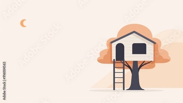 Fototapeta 2D illustration of a treehouse perched in a tree with basic shapes on a neutral colored background in a simplicity of minimalist vector style drawing