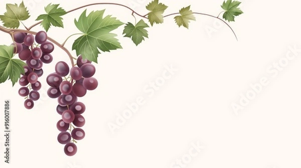 Obraz 2D illustration of a vine with grapes with basic shapes on a pastel colored background in a simplicity of drawing in a minimalist style