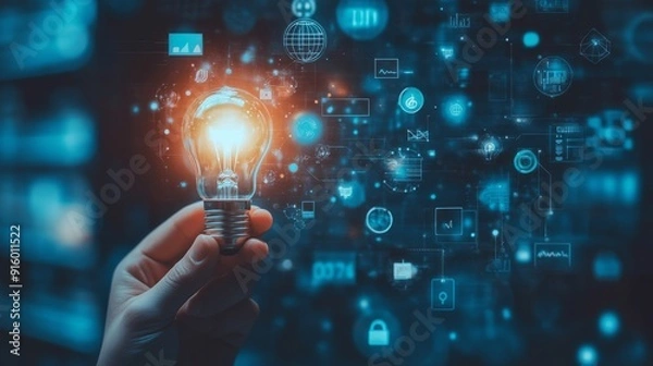 Fototapeta Hand holding light bulb with digital icons and network connection on blue background, representing innovation in technology for business or education. High quality, professional photography