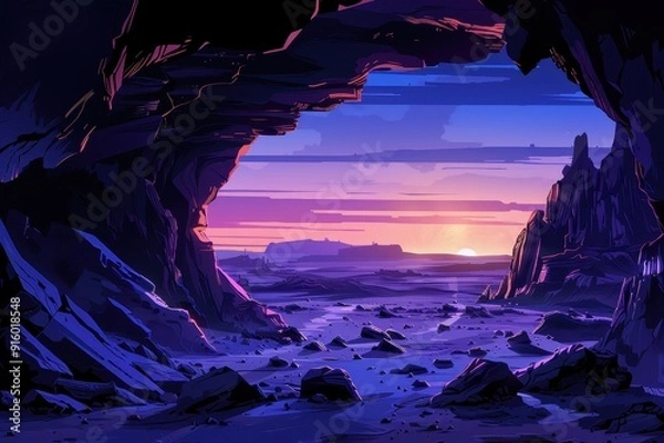 Fototapeta Rocky outcropping frames view of canyon landscape at sunset