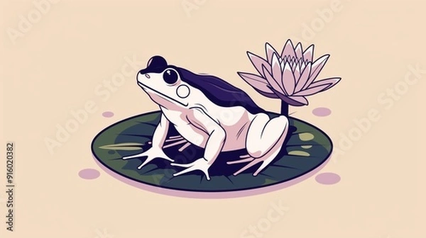 Obraz 2D illustration of a basic frog on a lily pad with basic shapes on a neutral colored background in a simplicity of design in a minimalist vector style