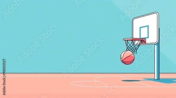 Obraz 2D illustration of a basketball court and hoop with basic shapes on a neutral colored background in a simplicity of design in a minimalist vector style
