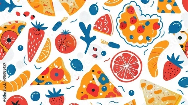 Fototapeta A vibrant display of pizza slices, fruits, and desserts arranged in a playful pattern