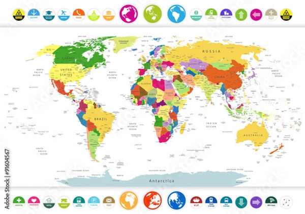 Obraz Political World Map with flat icons and globes