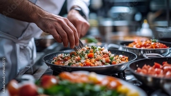 Fototapeta Chef Preparing Delicious Dish in Kitchen