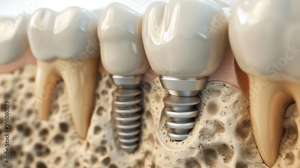 Fototapeta A close-up of a dental implant with a white crown, showing the implant screw inserted into the jawbone.