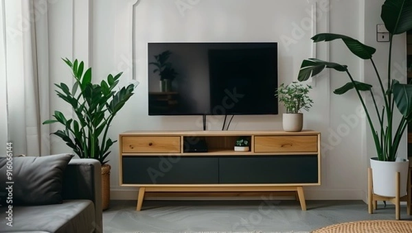Fototapeta Minimalist living room with a wooden TV stand, white walls and a grey sofa, a black flat screen television on the cabinet.