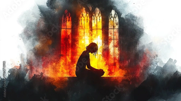 Fototapeta A figure kneels in prayer before a fiery window in a gothic cathedral. Generated by AI.