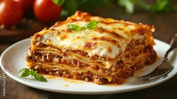 Obraz 23. A slice of classic lasagna with layers of pasta and cheese