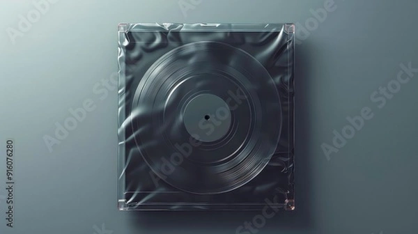 Fototapeta A black vinyl record encased in a clear plastic sleeve. The record is in the center of the image. The sleeve is wrinkled and slightly crumpled. The record is on a gray surface.