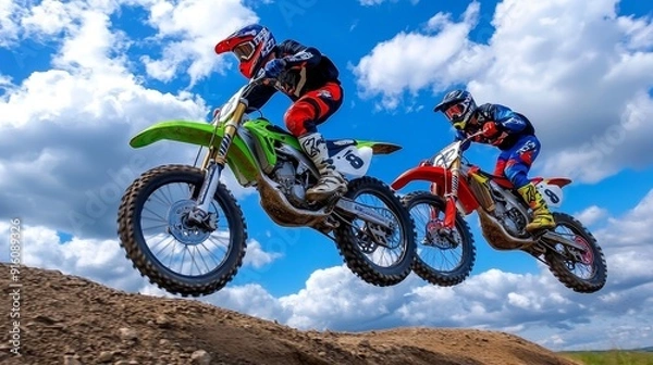 Fototapeta Two motocross riders soaring through the sky over a dirt track, showcasing extreme sport and adrenaline in action.