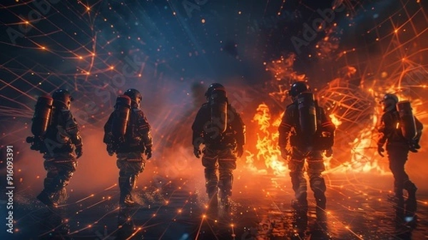 Fototapeta Five confident firefighters walk towards a small fire constructed from digital particles and grids.