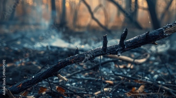 Fototapeta Burnt forest aftermath with debris and charred wood